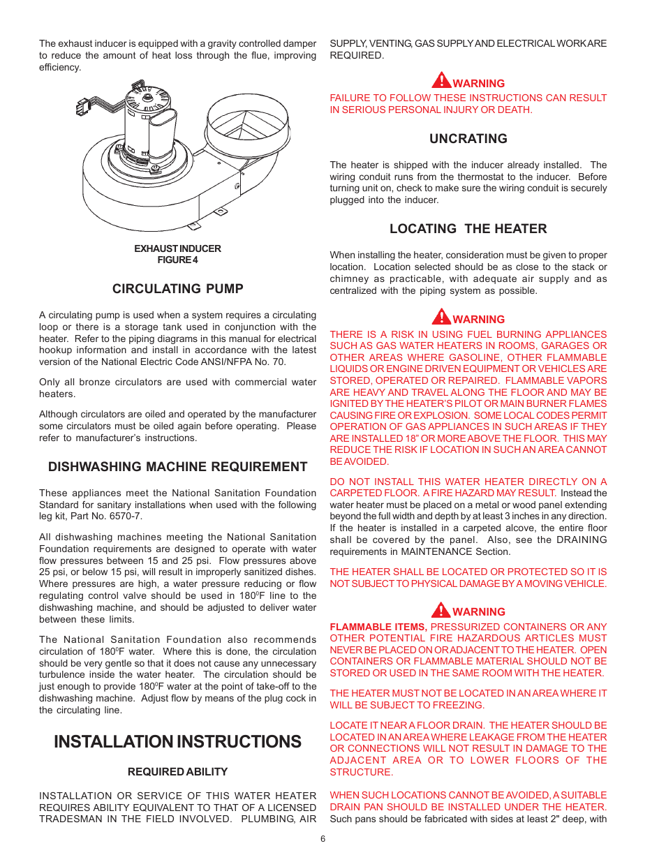 Installation instructions, Circulating pump, Dishwashing machine requirement | Uncrating, Locating the heater | A.O. Smith BTN 120 THRU 400/A Series User Manual | Page 6 / 32