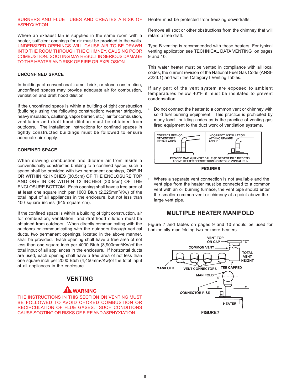 Venting, Multiple heater manifold | A.O. Smith BTN 120 THRU 400/A Series User Manual | Page 8 / 32