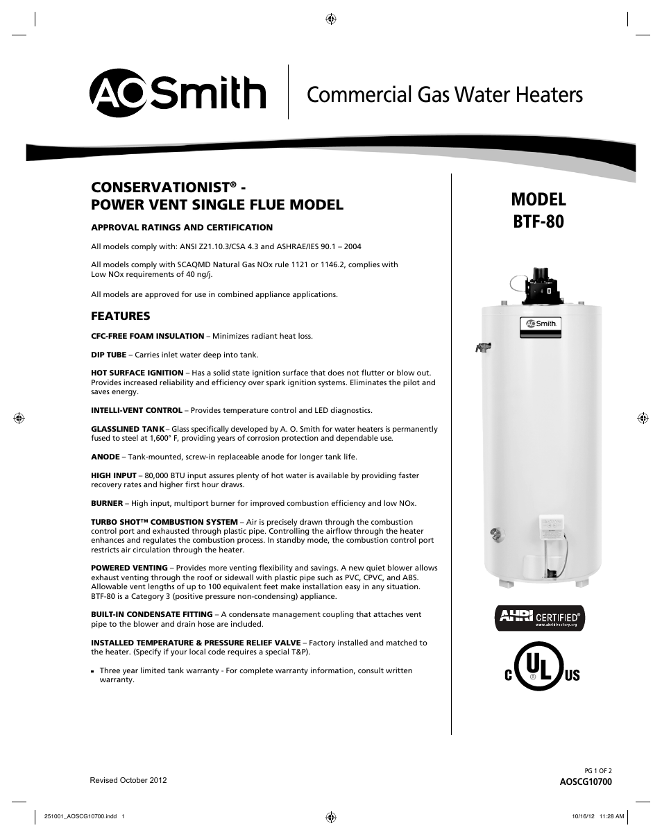 A.O. Smith BTF-80 User Manual | 2 pages