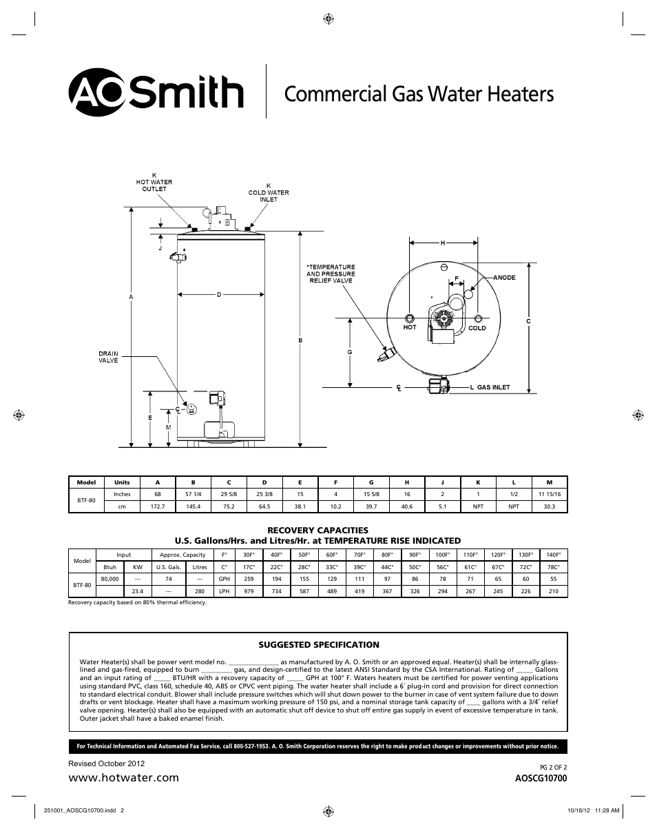 Commercial gas water heaters, Suggested specification | A.O. Smith BTF-80 User Manual | Page 2 / 2