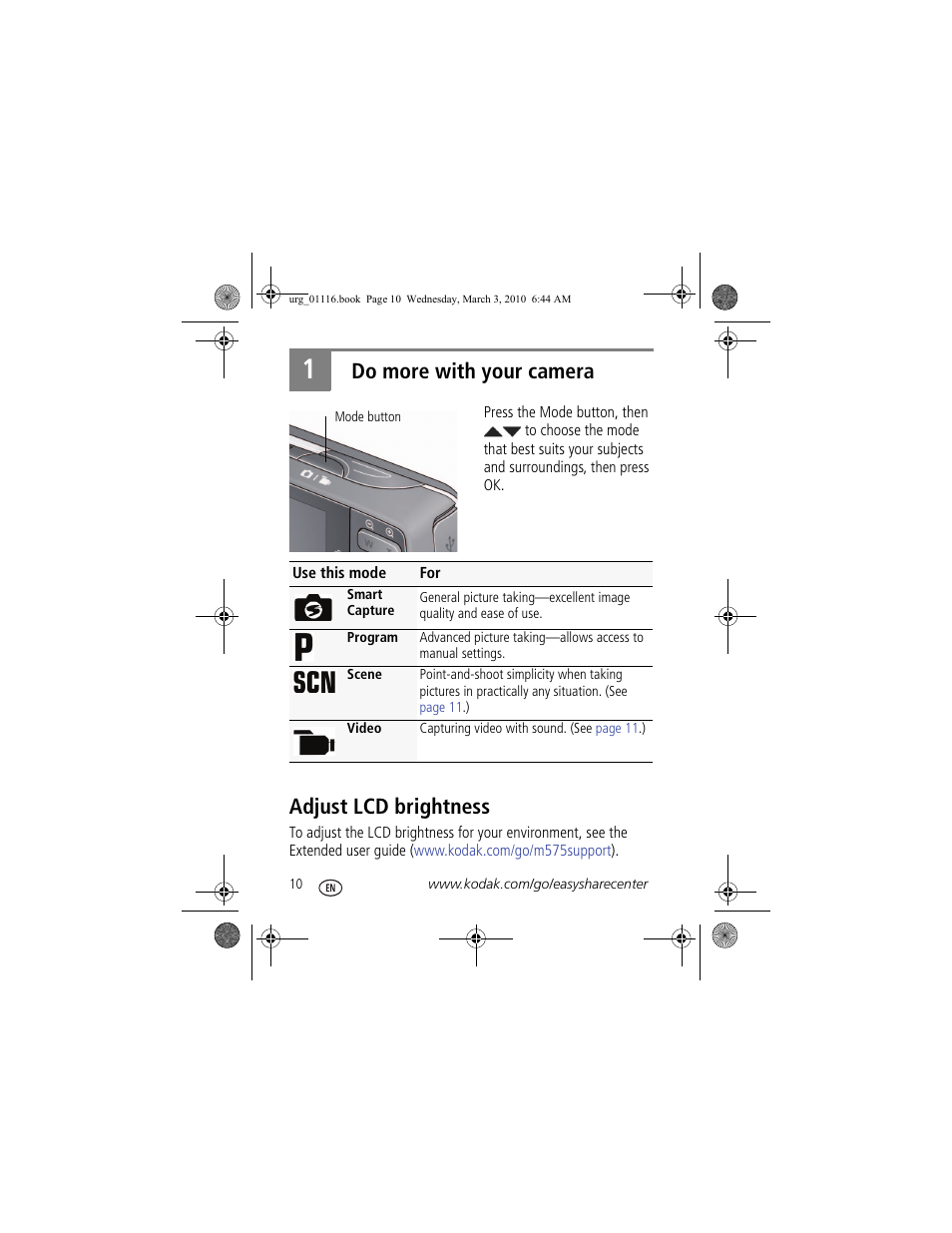 Do more with your camera, Adjust lcd brightness | Kodak M575 User Manual | Page 10 / 28