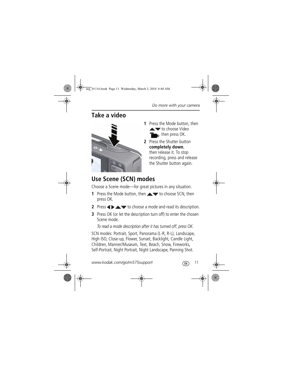 Take a video, Use scene (scn) modes | Kodak M575 User Manual | Page 11 / 28