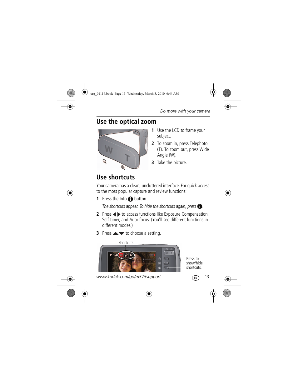 Use the optical zoom, Use shortcuts | Kodak M575 User Manual | Page 13 / 28