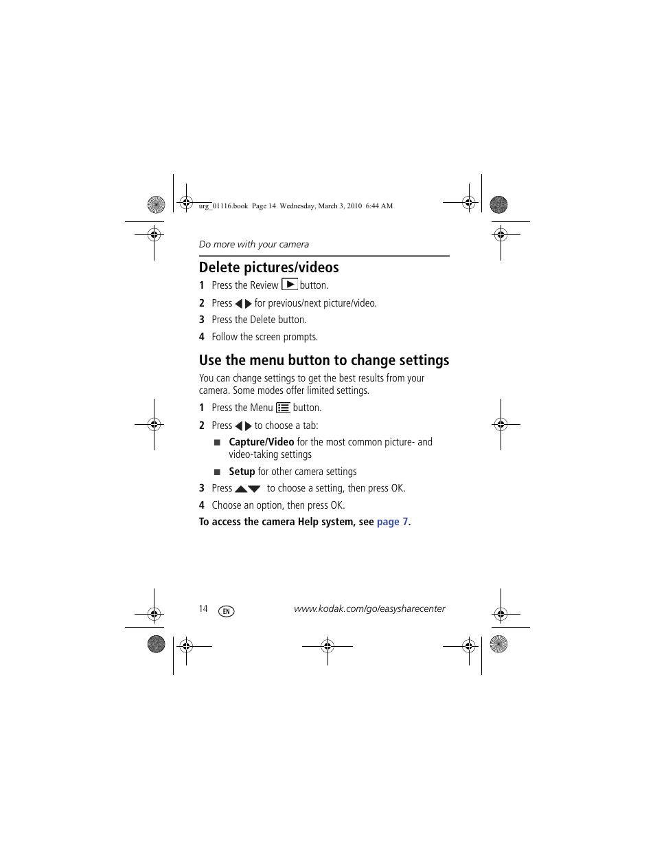 Delete pictures/videos, Use the menu button to change settings | Kodak M575 User Manual | Page 14 / 28