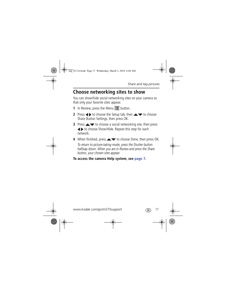 Choose networking sites to show | Kodak M575 User Manual | Page 17 / 28