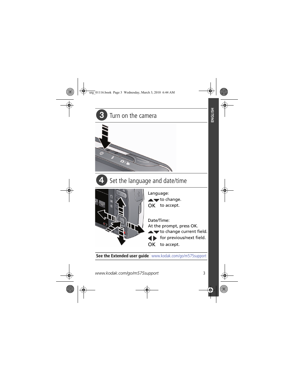 Turn on the camera, Set the language and date/time | Kodak M575 User Manual | Page 3 / 28