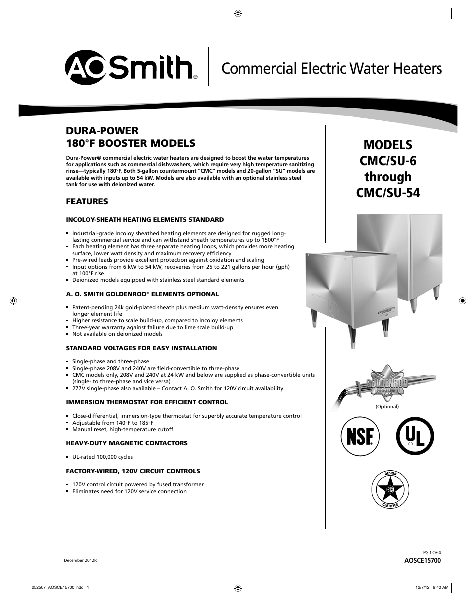 A.O. Smith CMC/SU-54 User Manual | 4 pages