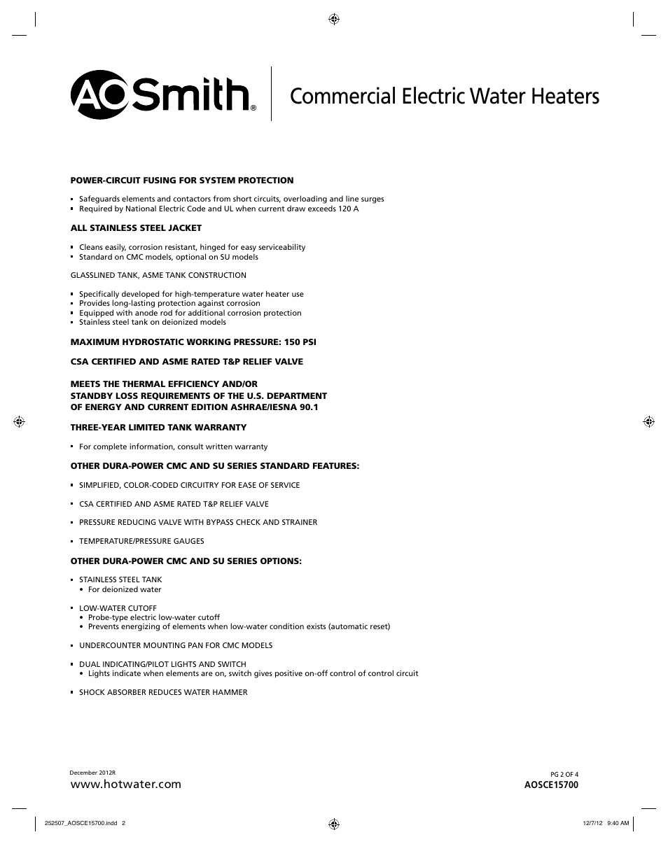 Commercial electric water heaters | A.O. Smith CMC/SU-54 User Manual | Page 2 / 4