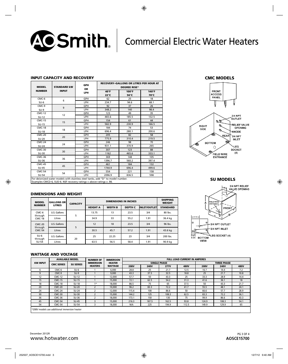 Commercial electric water heaters, Cmc models su models, Input capacity and recovery | Dimensions and weight, Wattage and voltage | A.O. Smith CMC/SU-54 User Manual | Page 3 / 4