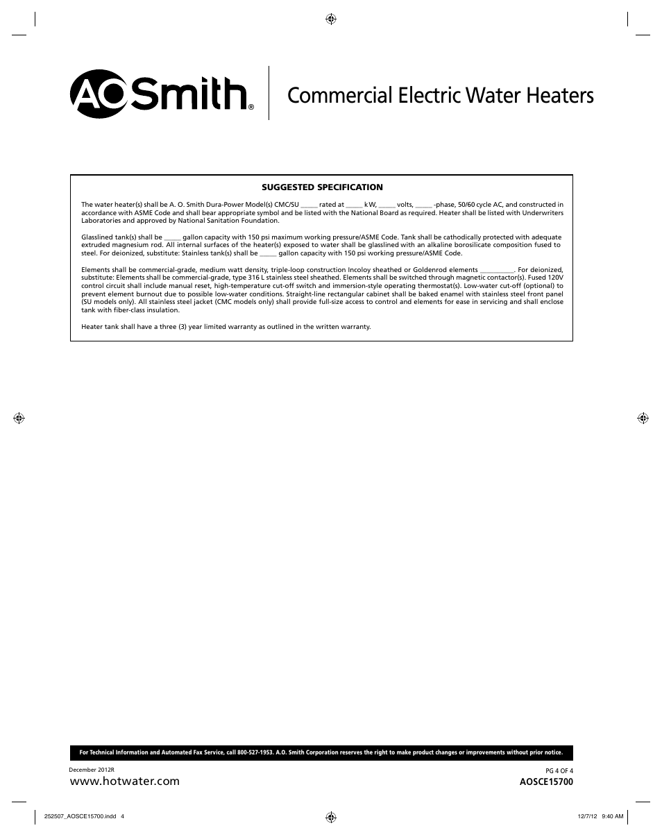 Commercial electric water heaters | A.O. Smith CMC/SU-54 User Manual | Page 4 / 4