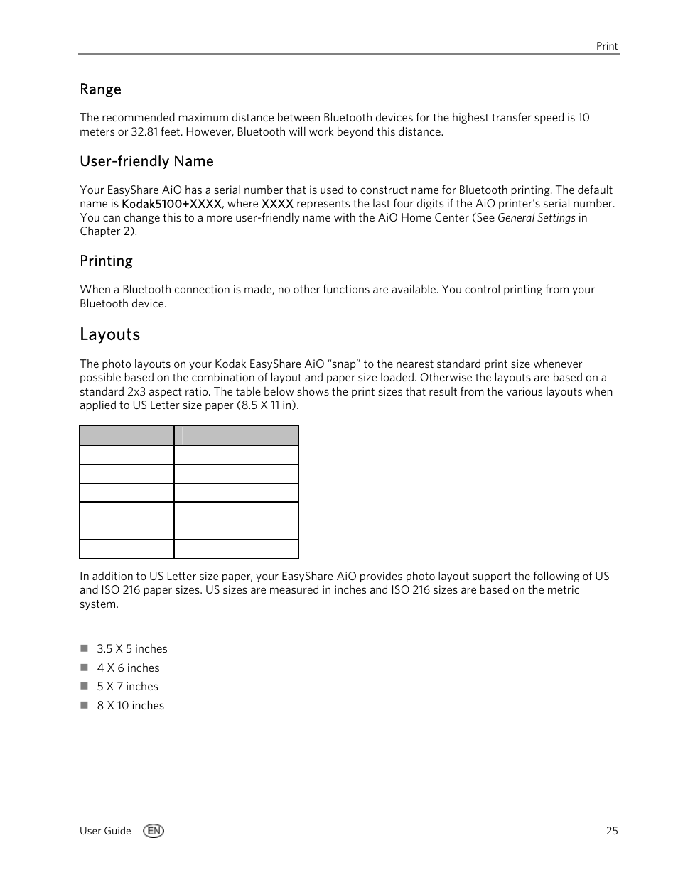 Range, User-friendly name, Printing | Layouts | Kodak 5100 User Manual | Page 29 / 80