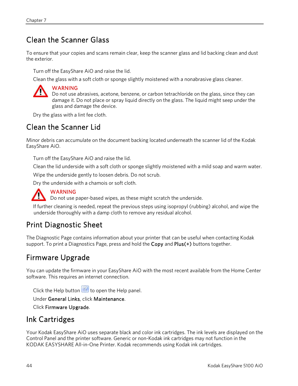 Clean the scanner glass, Clean the scanner lid, Print diagnostic sheet | Firmware upgrade, Ink cartridges | Kodak 5100 User Manual | Page 48 / 80