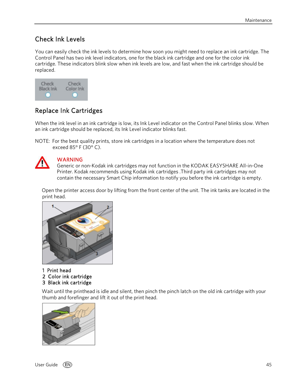 Check ink levels, Replace ink cartridges | Kodak 5100 User Manual | Page 49 / 80