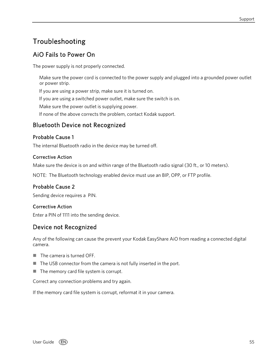 Troubleshooting, Aio fails to power on, Bluetooth device not recognized | Probable cause 1, Corrective action, Probable cause 2, Device not recognized | Kodak 5100 User Manual | Page 59 / 80