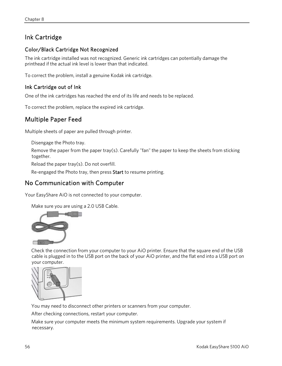 Ink cartridge, Color/black cartridge not recognized, Ink cartridge out of ink | Multiple paper feed, No communication with computer | Kodak 5100 User Manual | Page 60 / 80