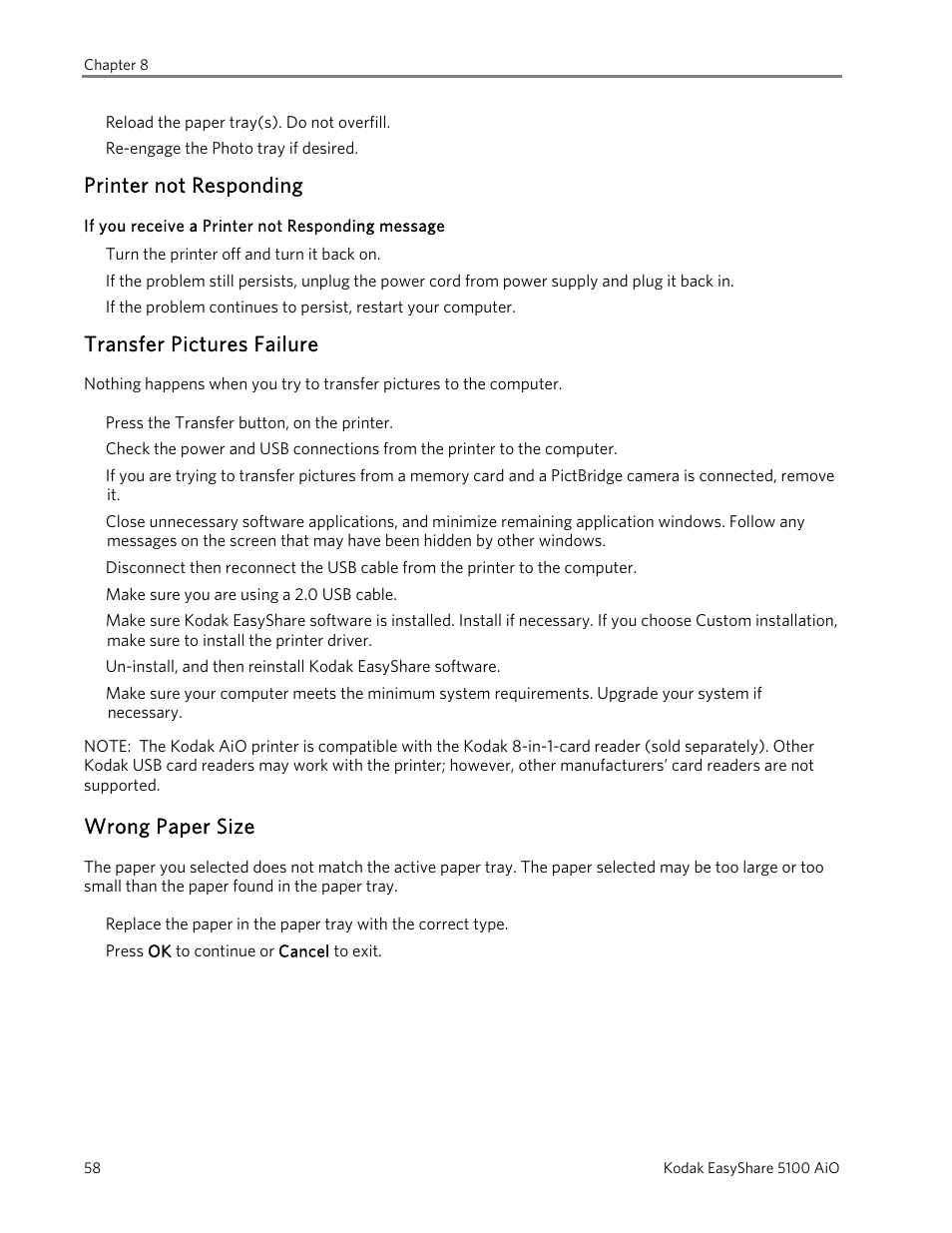 Printer not responding, Transfer pictures failure, Wrong paper size | Kodak 5100 User Manual | Page 62 / 80