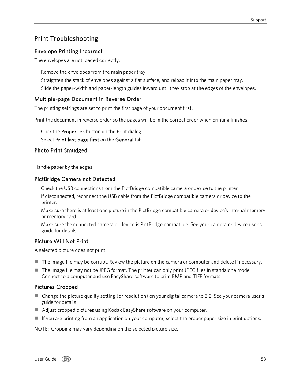 Print troubleshooting, Envelope printing incorrect, Photo print smudged | Pictbridge camera not detected, Picture will not print, Pictures cropped | Kodak 5100 User Manual | Page 63 / 80