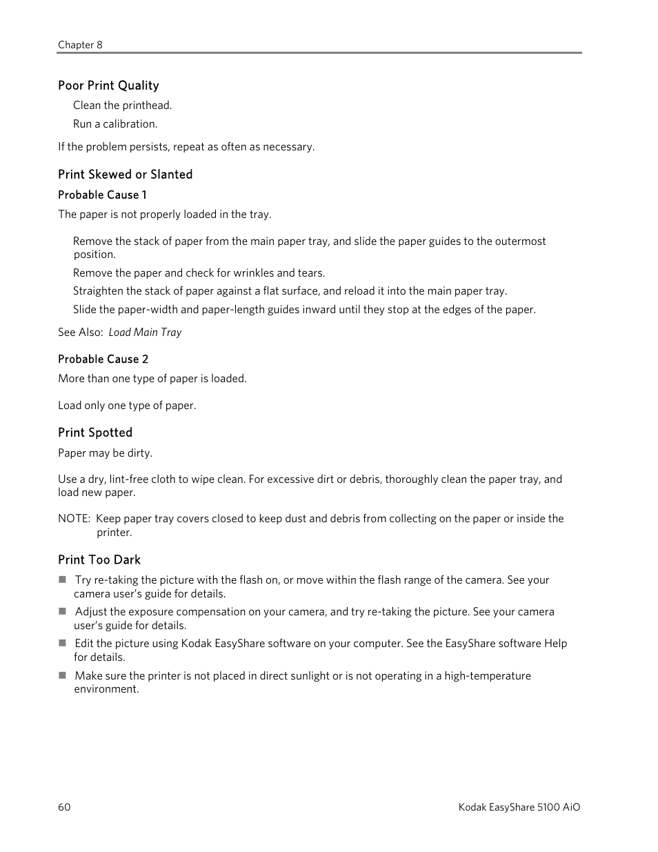 Poor print quality, Print skewed or slanted, Probable cause 1 | Probable cause 2, Print spotted, Print too dark | Kodak 5100 User Manual | Page 64 / 80