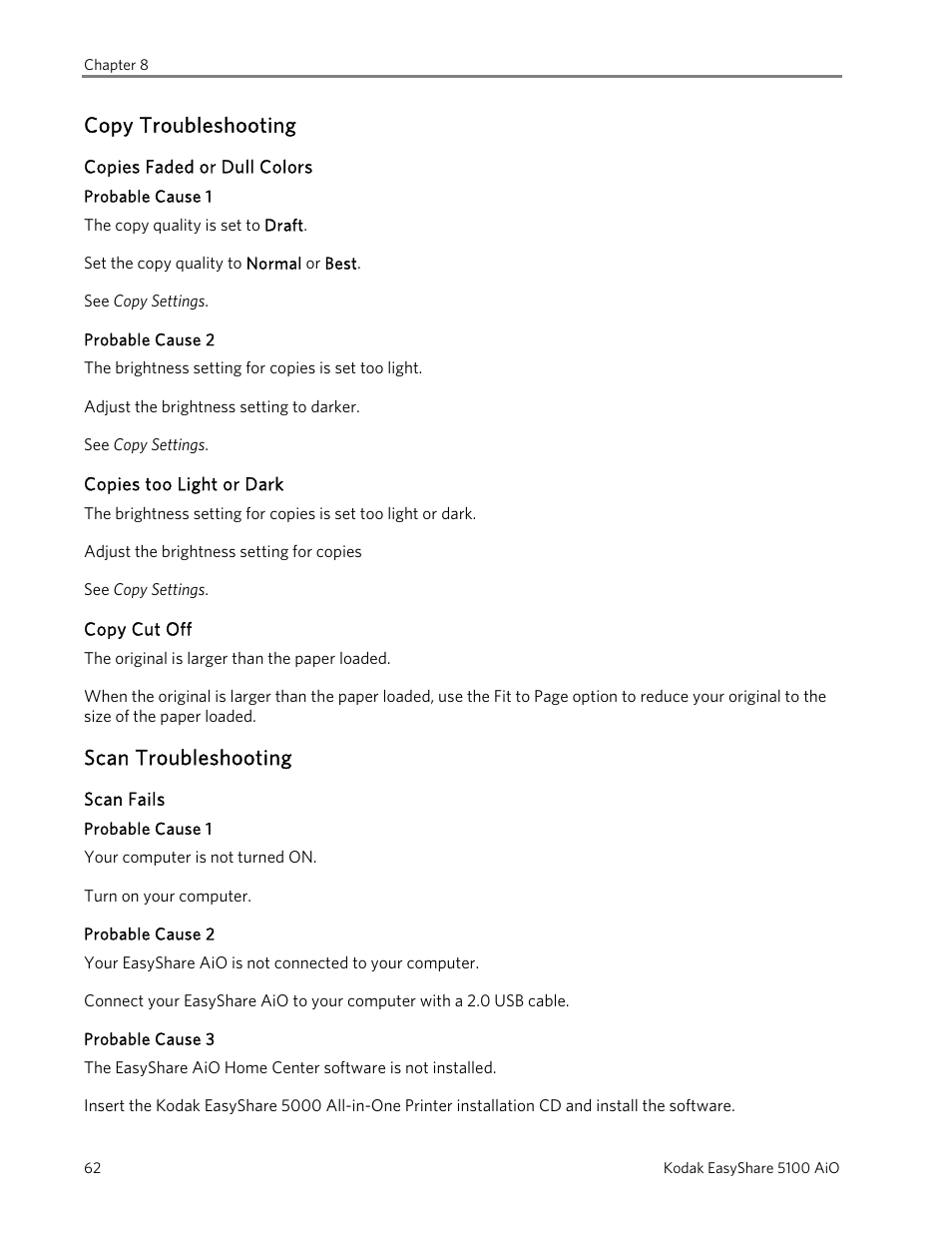 Copy troubleshooting, Copies faded or dull colors, Probable cause 1 | Probable cause 2, Copies too light or dark, Copy cut off, Scan troubleshooting, Scan fails, Probable cause 3 | Kodak 5100 User Manual | Page 66 / 80