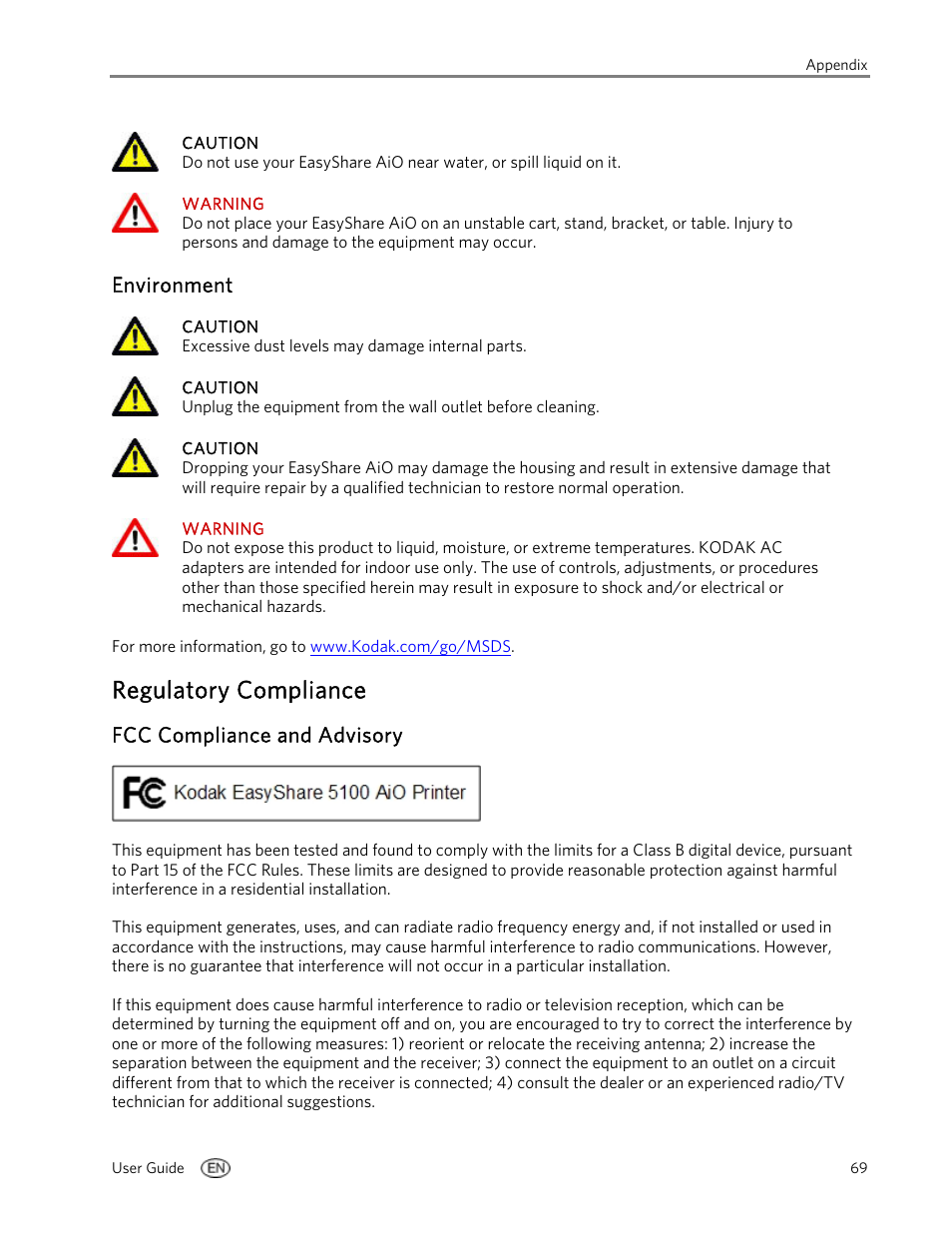 Environment, Regulatory compliance, Fcc compliance and advisory | Kodak 5100 User Manual | Page 73 / 80