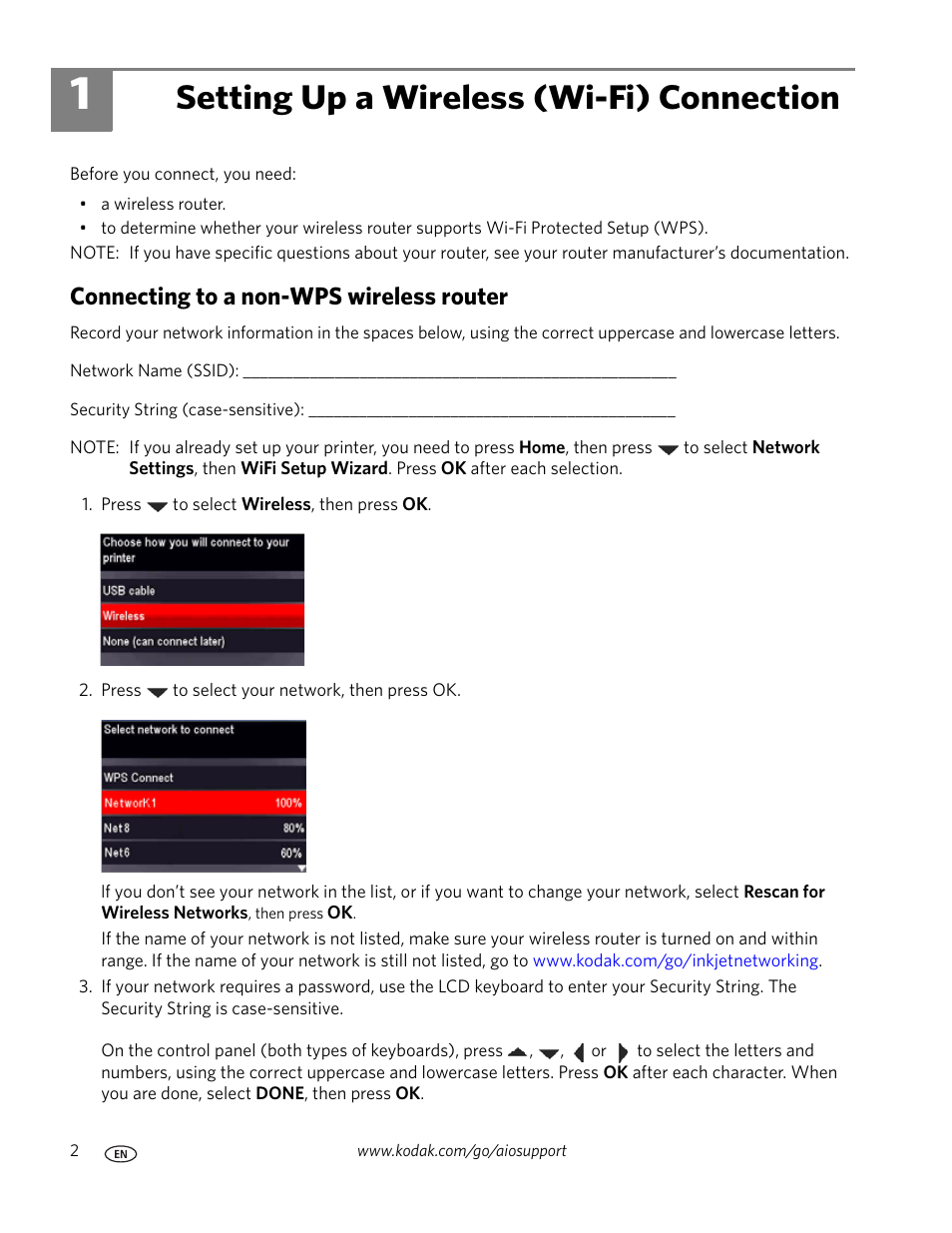 Setting up a wireless (wi-fi) connection, Connecting to a non-wps wireless router | Kodak ESP 7250 User Manual | Page 2 / 6