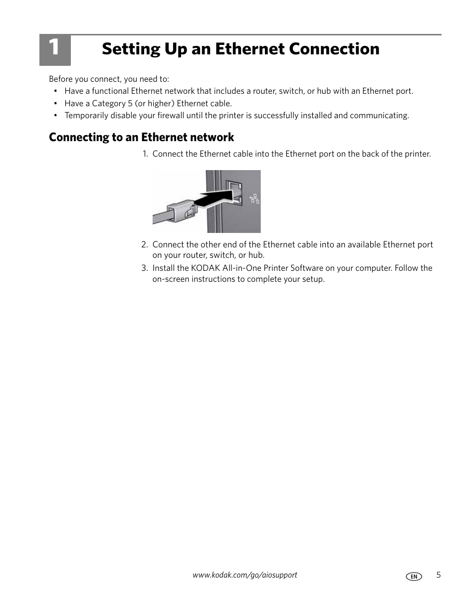 Setting up an ethernet connection, Connecting to an ethernet network | Kodak ESP 7250 User Manual | Page 5 / 6