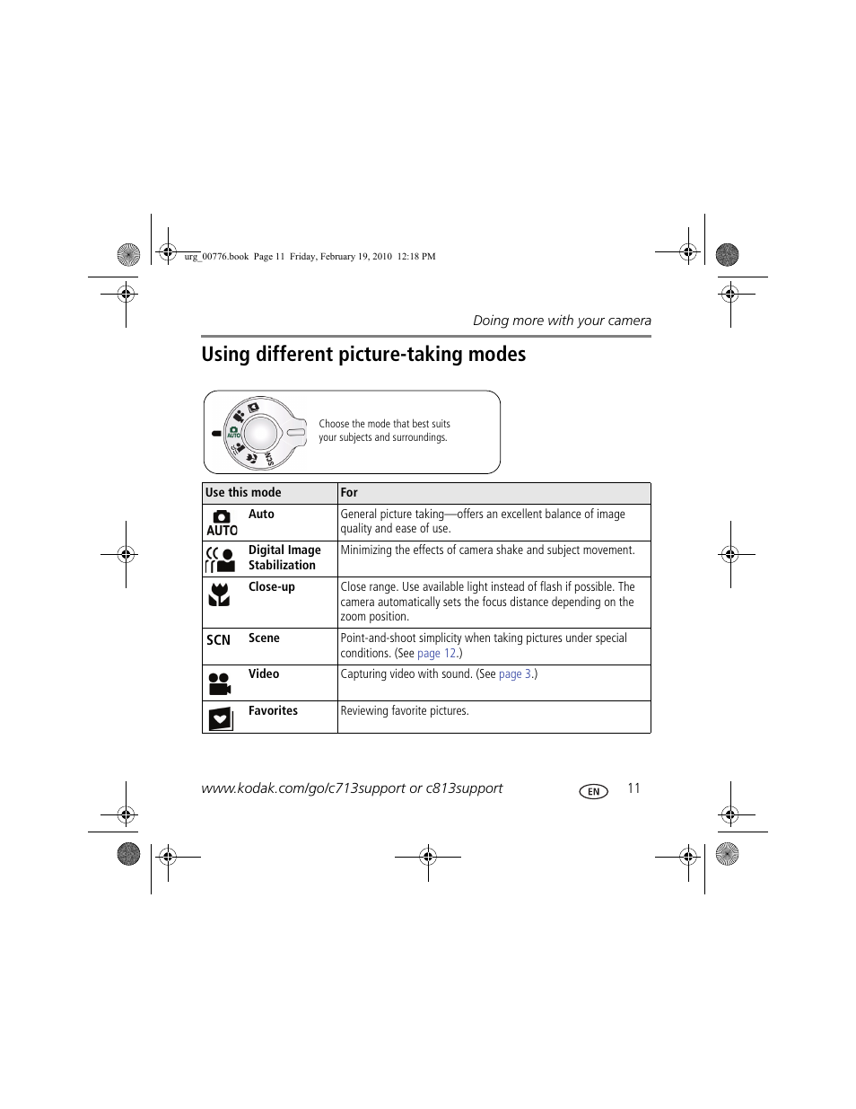 Using different picture-taking modes | Kodak C713 User Manual | Page 11 / 26
