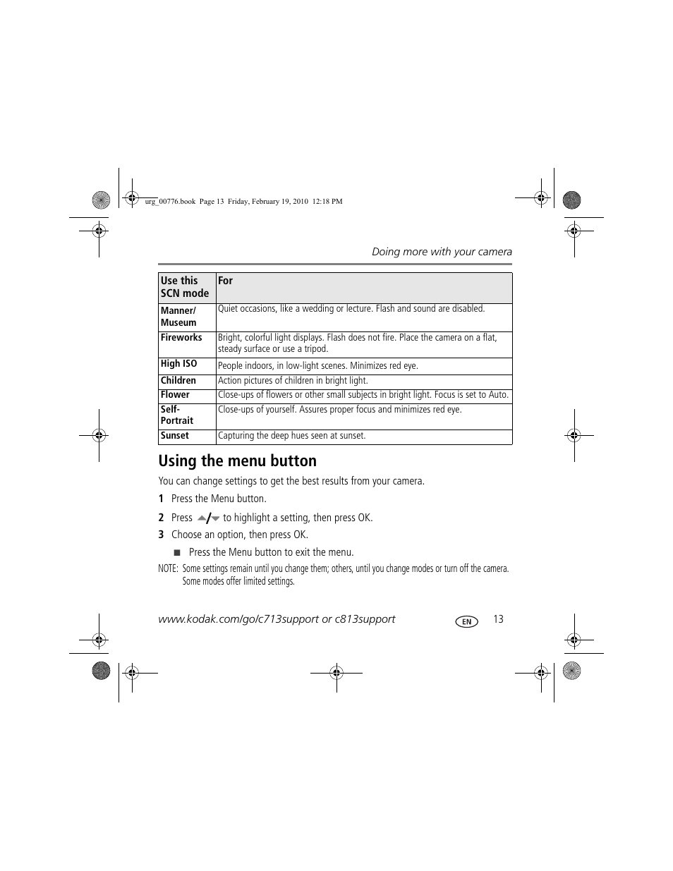 Using the menu button | Kodak C713 User Manual | Page 13 / 26