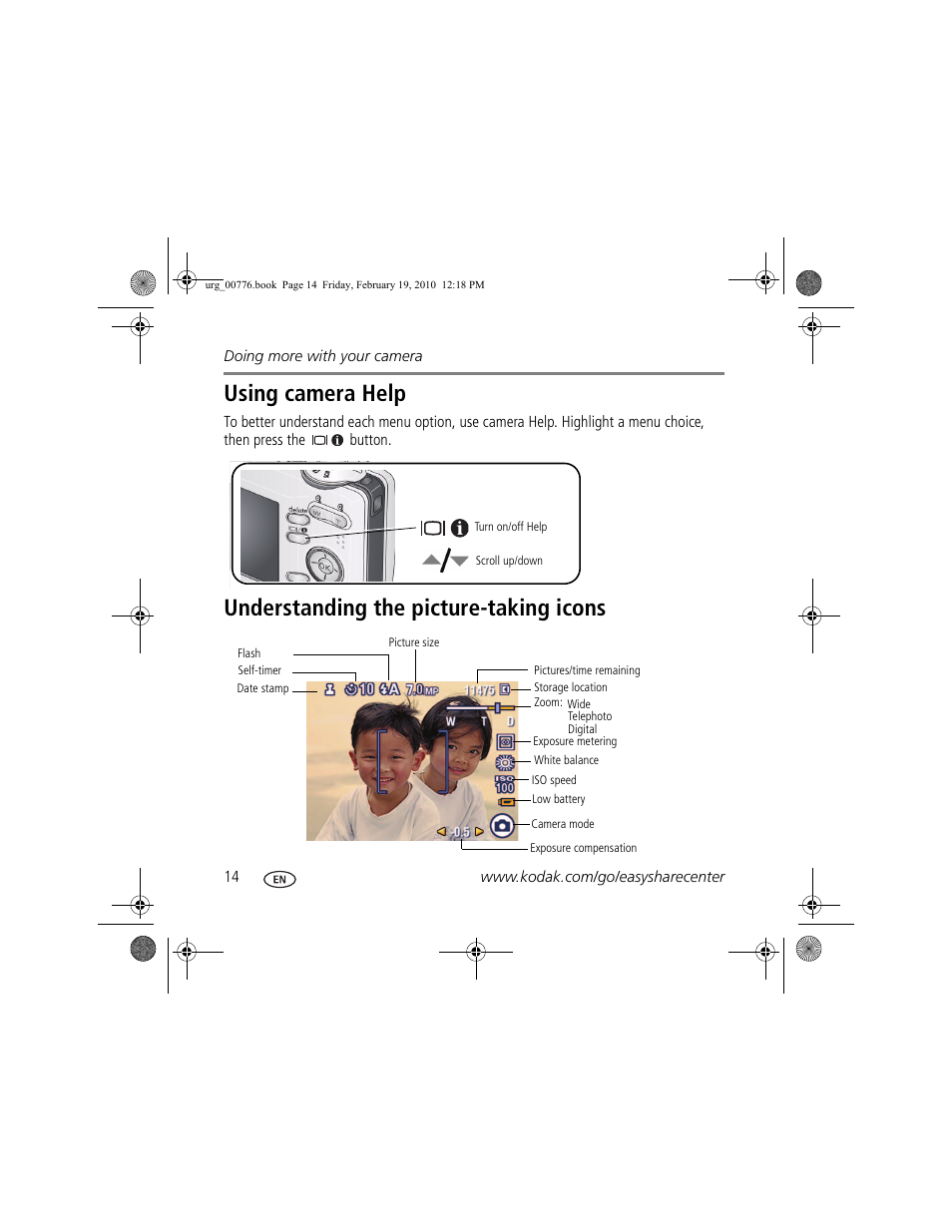 Using camera help, Understanding the picture-taking icons | Kodak C713 User Manual | Page 14 / 26