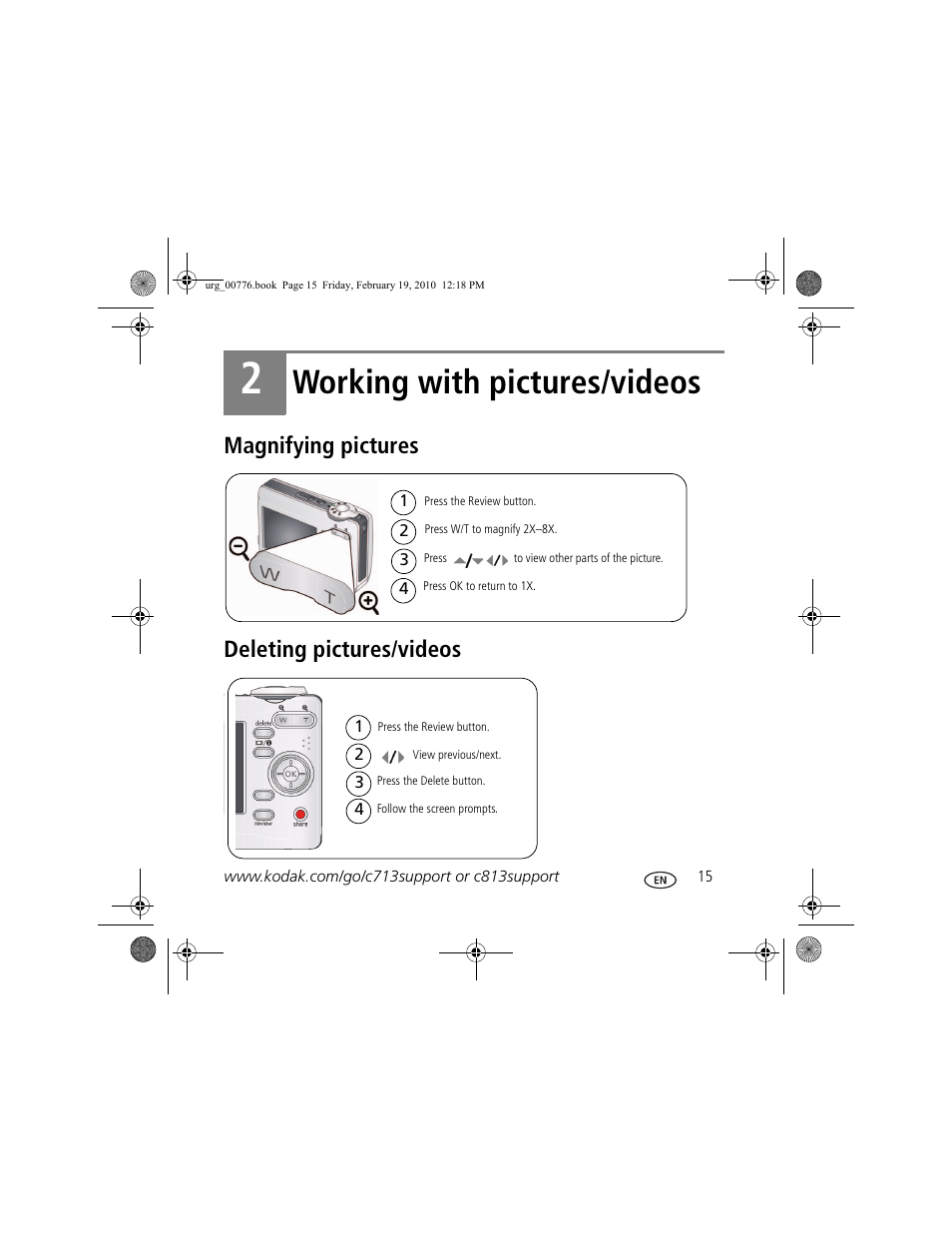Working with pictures/videos, Magnifying pictures deleting pictures/videos | Kodak C713 User Manual | Page 15 / 26