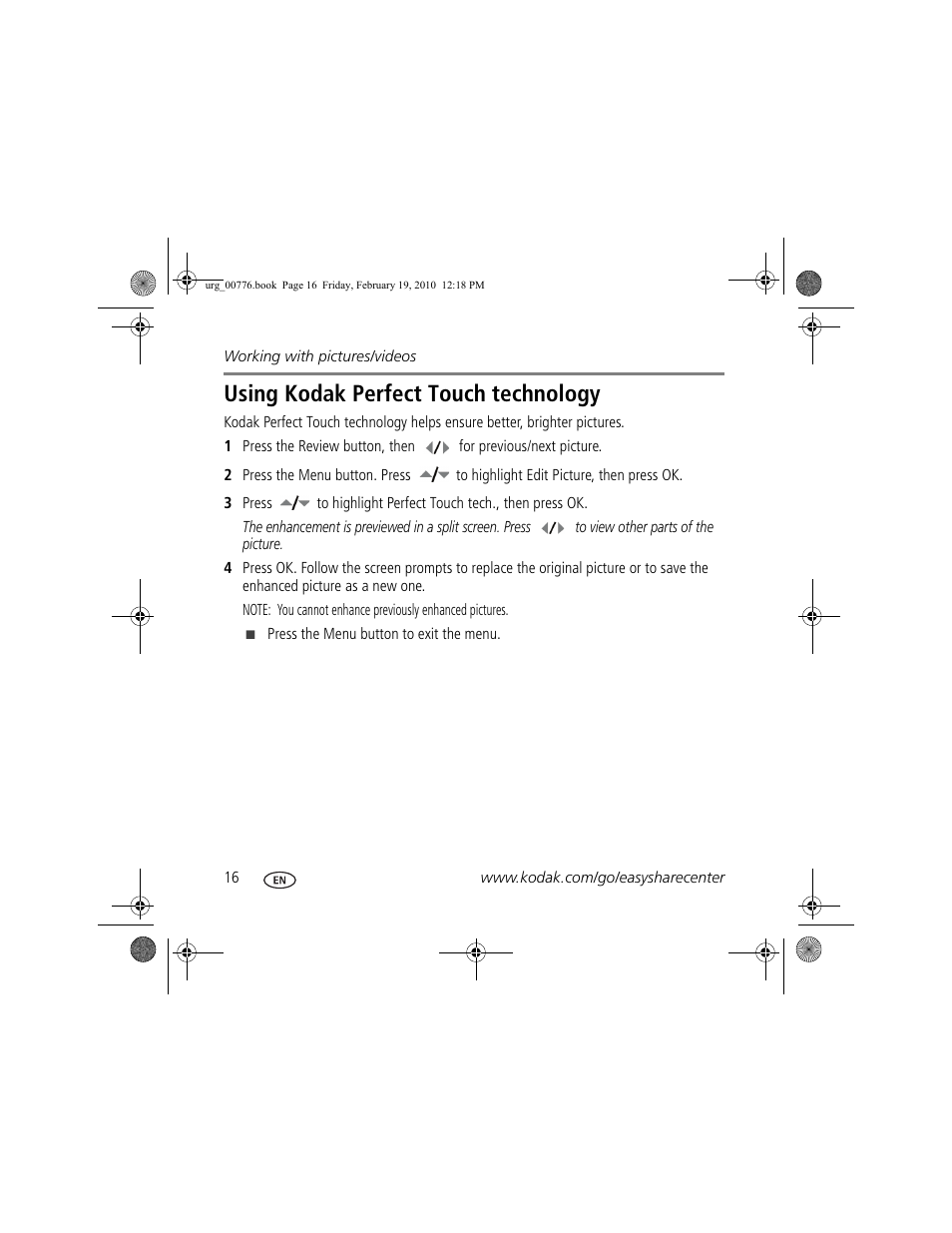 Using kodak perfect touch technology | Kodak C713 User Manual | Page 16 / 26