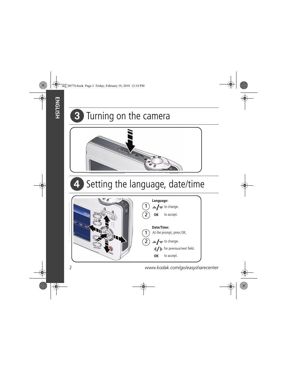 Turning on the camera, Setting the language, date/time | Kodak C713 User Manual | Page 2 / 26