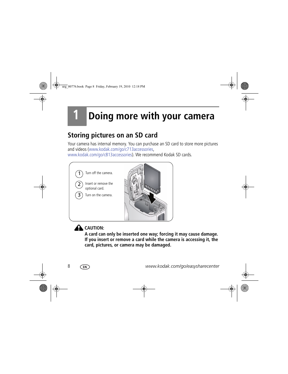 Doing more with your camera, Storing pictures on an sd card | Kodak C713 User Manual | Page 8 / 26
