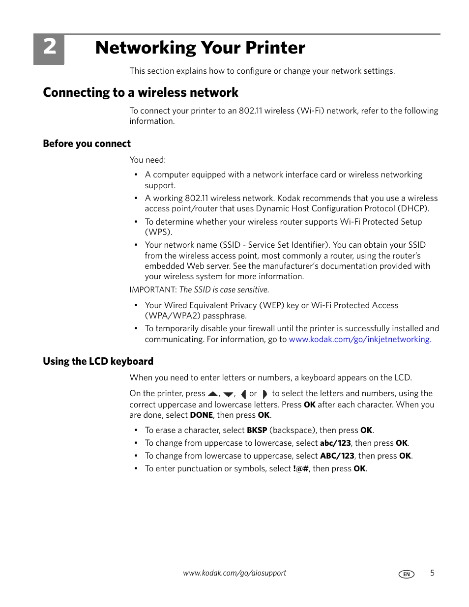 Networking your printer, Connecting to a wireless network, Before you connect | Using the lcd keyboard, 2 networking your printer, Before you connect using the lcd keyboard | Kodak ESP Office 6150 User Manual | Page 11 / 94