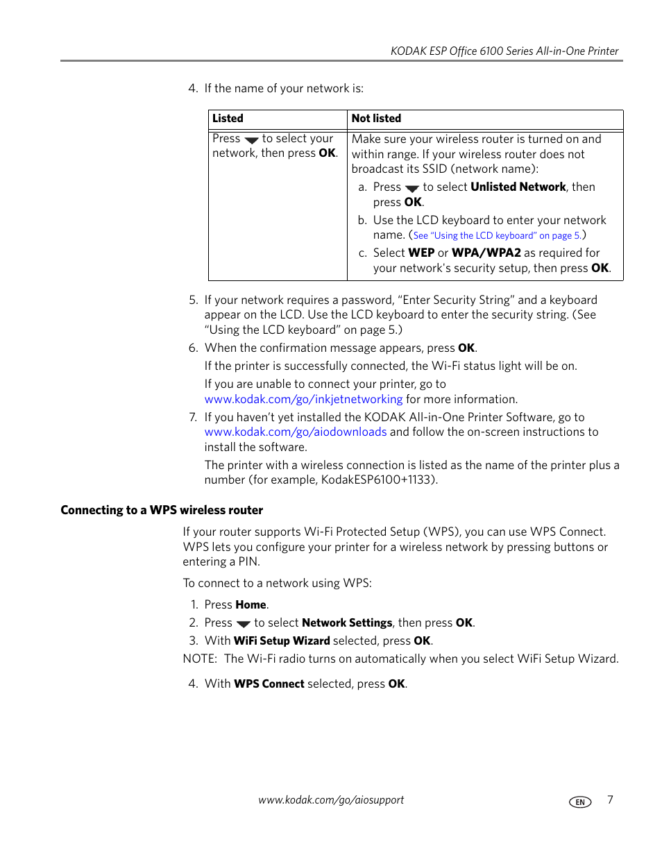 Connecting to a wps wireless router | Kodak ESP Office 6150 User Manual | Page 13 / 94