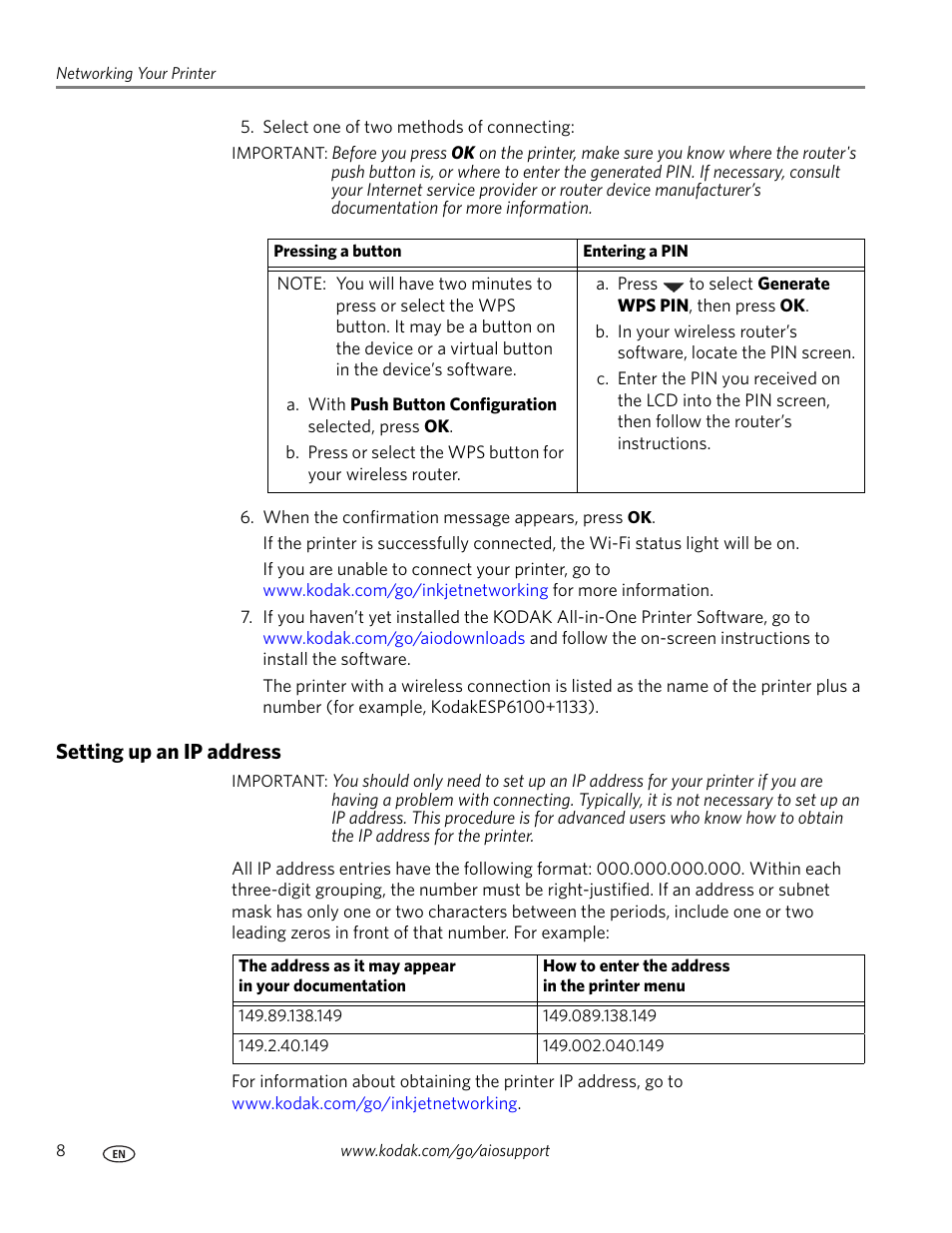 Setting up an ip address | Kodak ESP Office 6150 User Manual | Page 14 / 94