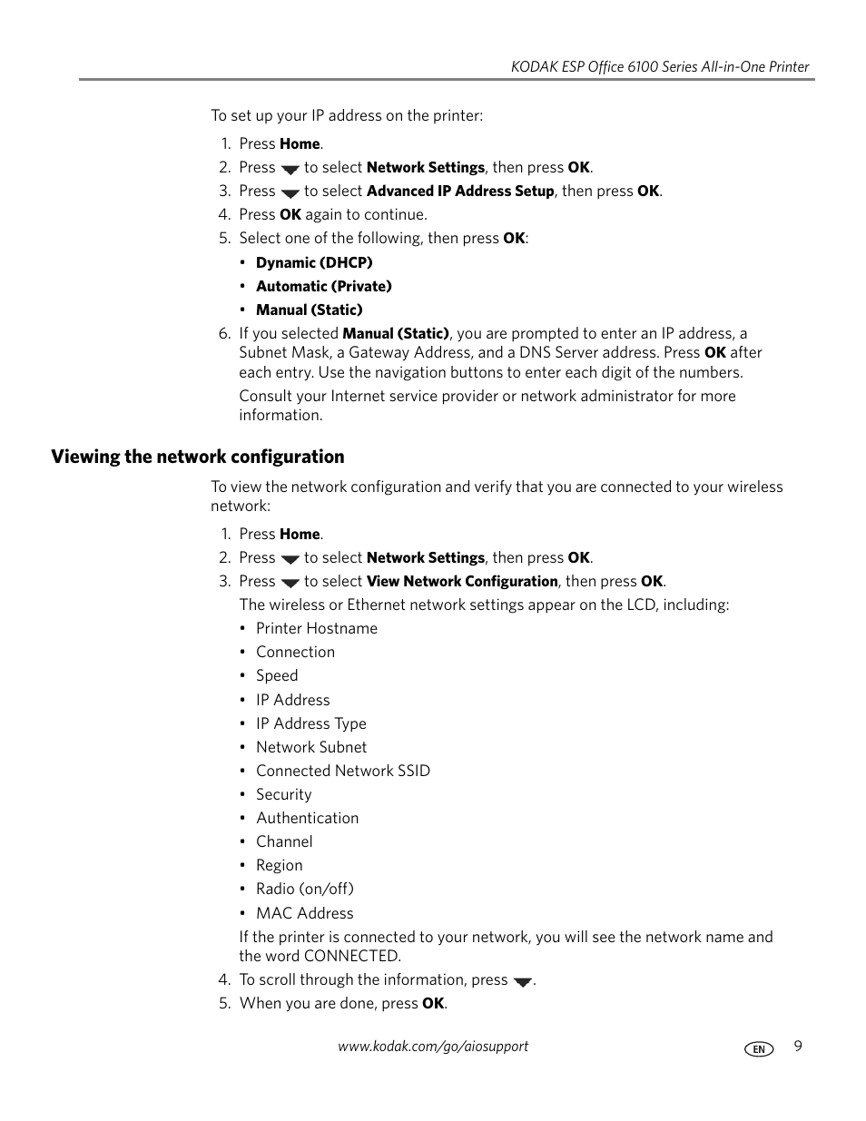 Viewing the network configuration | Kodak ESP Office 6150 User Manual | Page 15 / 94