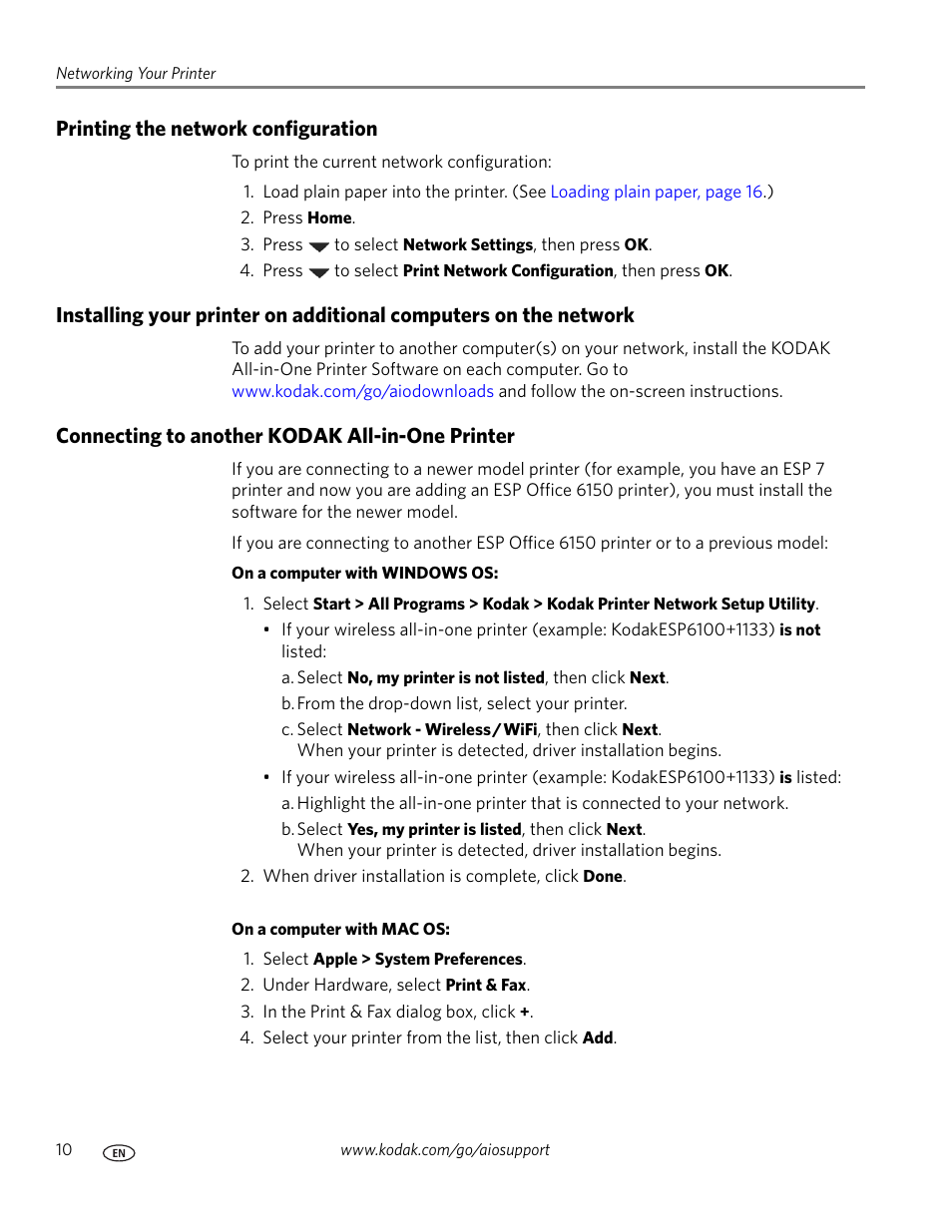 Printing the network configuration, Connecting to another kodak all-in-one printer | Kodak ESP Office 6150 User Manual | Page 16 / 94