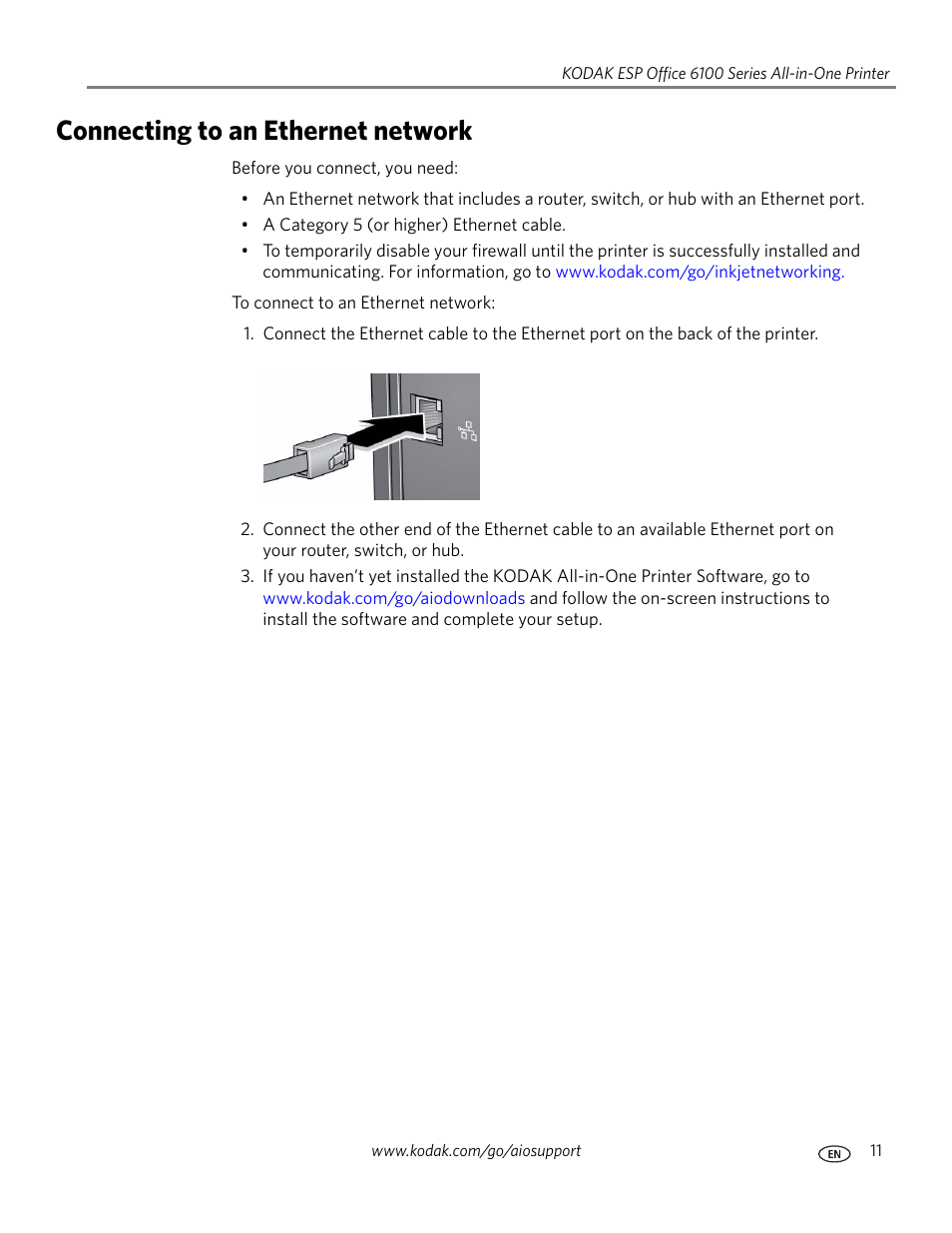 Connecting to an ethernet network | Kodak ESP Office 6150 User Manual | Page 17 / 94