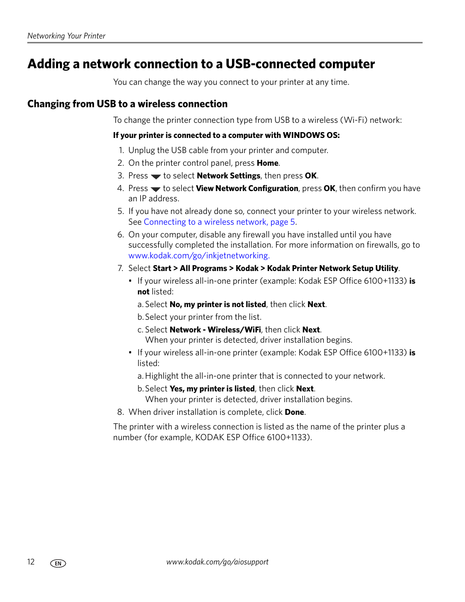 Changing from usb to a wireless connection | Kodak ESP Office 6150 User Manual | Page 18 / 94