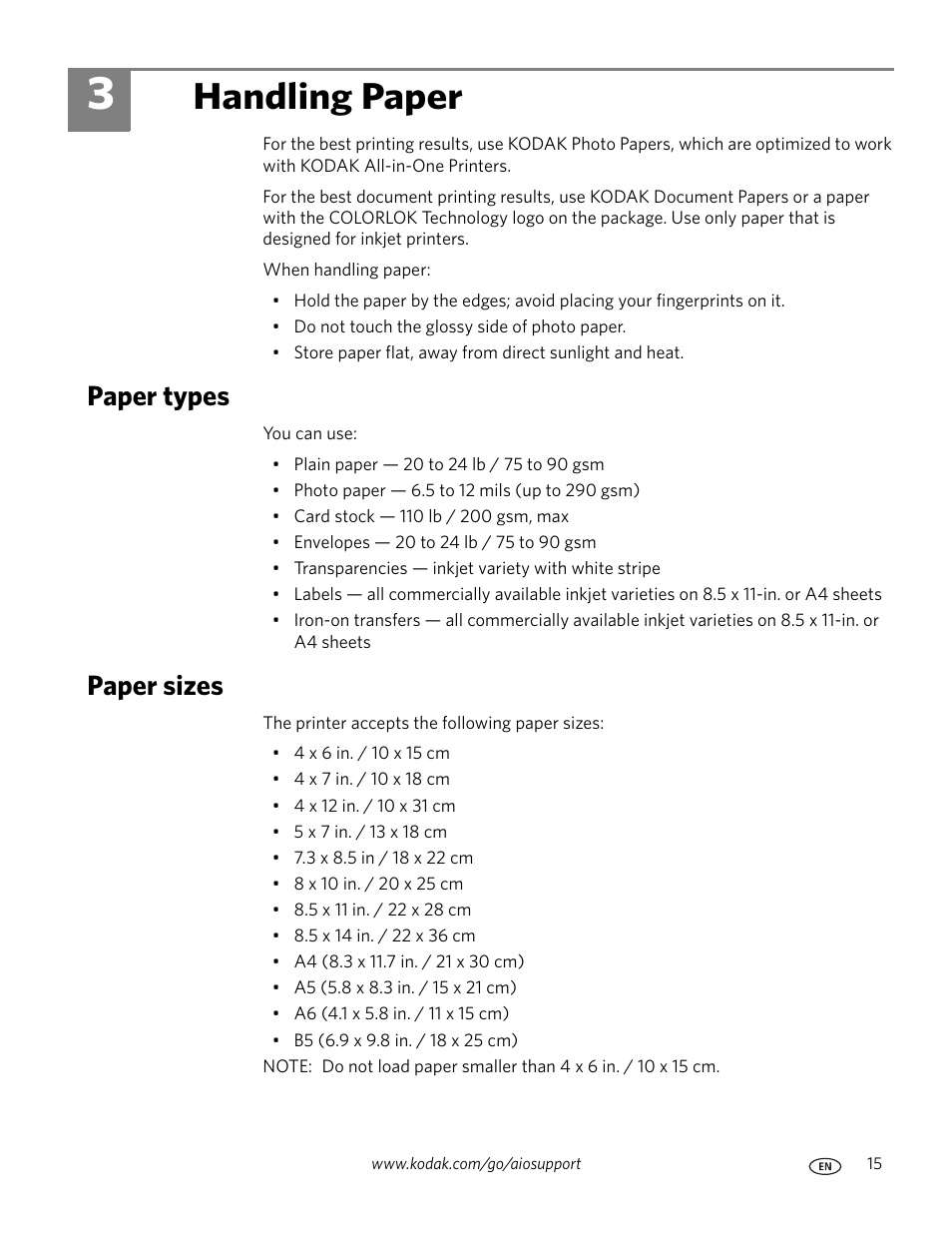 Handling paper, Paper types, Paper sizes | 3 handling paper, Paper types paper sizes | Kodak ESP Office 6150 User Manual | Page 21 / 94