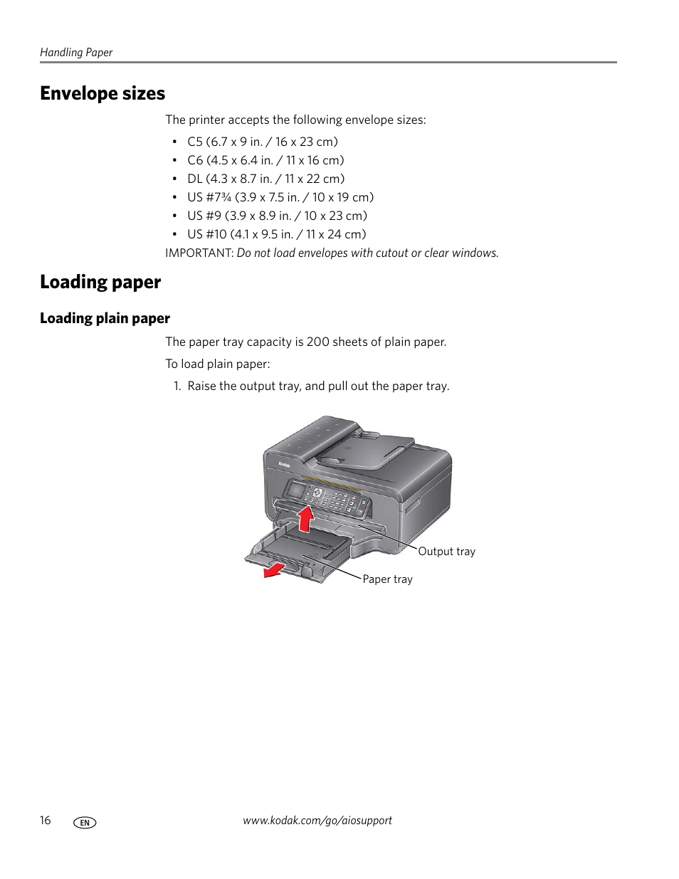 Envelope sizes, Loading paper, Loading plain paper | Envelope sizes loading paper | Kodak ESP Office 6150 User Manual | Page 22 / 94