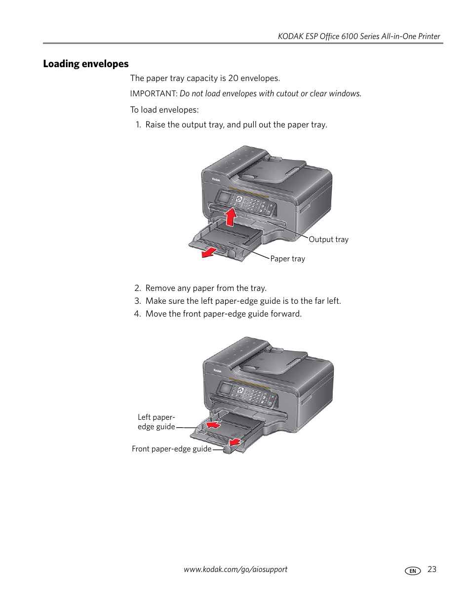 Loading envelopes | Kodak ESP Office 6150 User Manual | Page 29 / 94