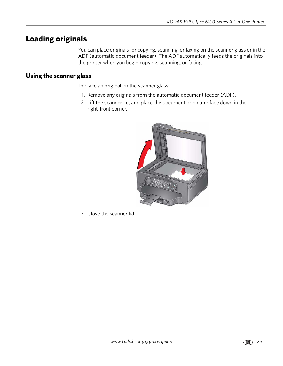 Loading originals, Using the scanner glass | Kodak ESP Office 6150 User Manual | Page 31 / 94