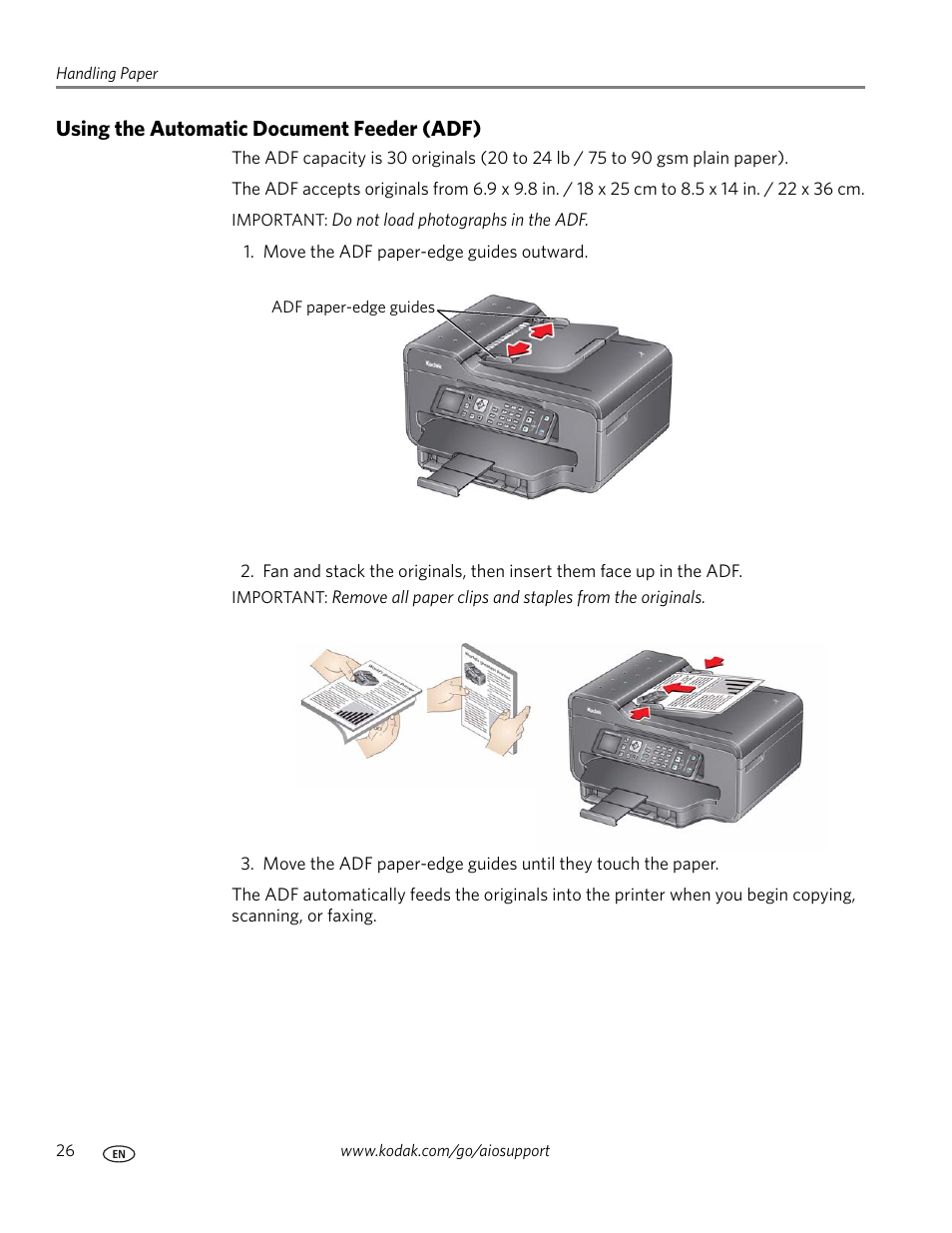 Using the automatic document feeder (adf) | Kodak ESP Office 6150 User Manual | Page 32 / 94