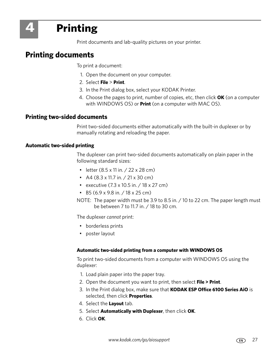 Printing, Printing documents, Printing two-sided documents | Automatic two-sided printing, 4 printing | Kodak ESP Office 6150 User Manual | Page 33 / 94