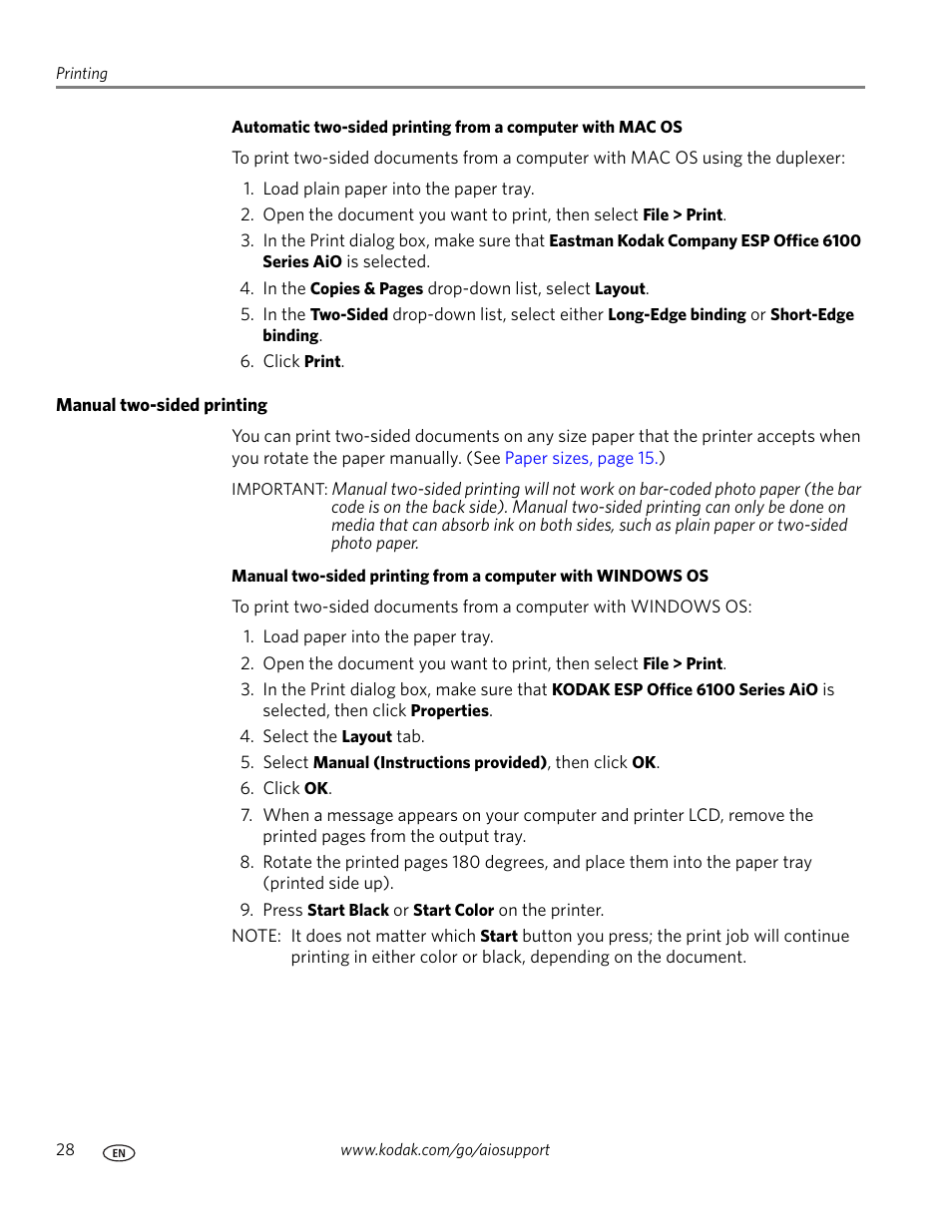 Manual two-sided printing | Kodak ESP Office 6150 User Manual | Page 34 / 94