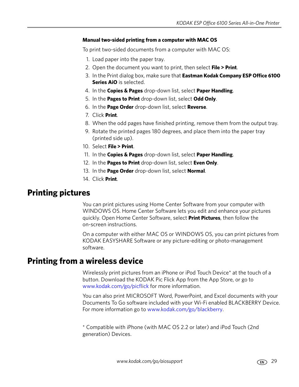 Printing pictures, Printing from a wireless device, Printing pictures printing from a wireless device | Kodak ESP Office 6150 User Manual | Page 35 / 94