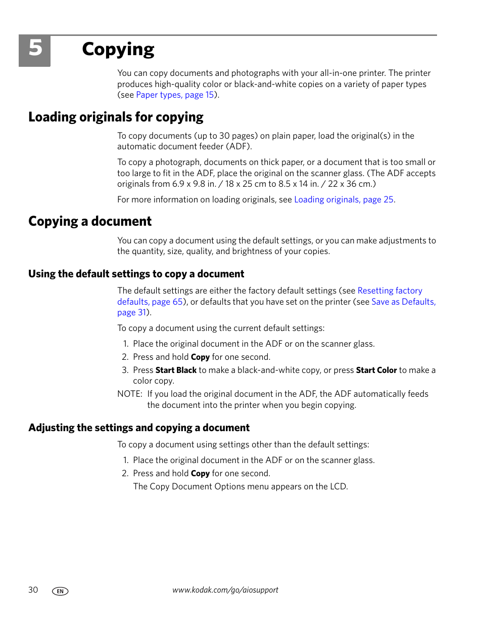 Copying, Loading originals for copying, Copying a document | Using the default settings to copy a document, Adjusting the settings and copying a document, 5 copying, Loading originals for copying copying a document | Kodak ESP Office 6150 User Manual | Page 36 / 94