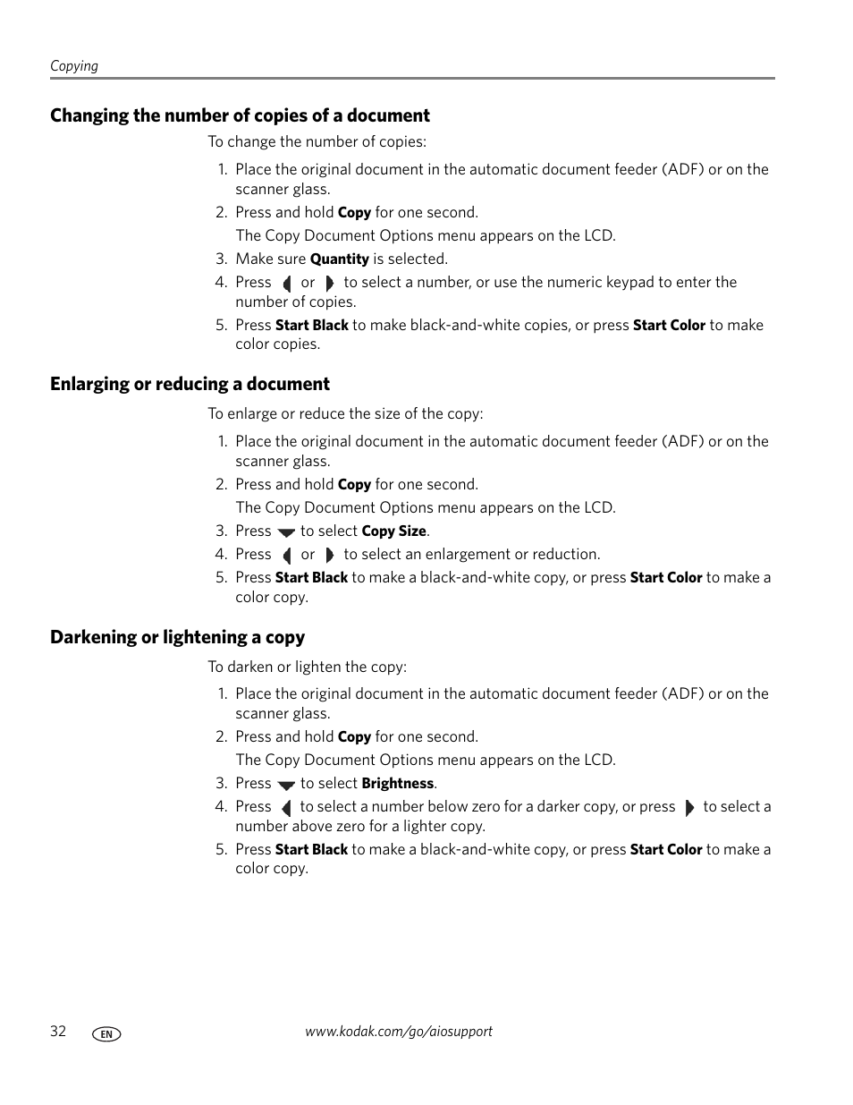 Changing the number of copies of a document, Enlarging or reducing a document, Darkening or lightening a copy | Kodak ESP Office 6150 User Manual | Page 38 / 94